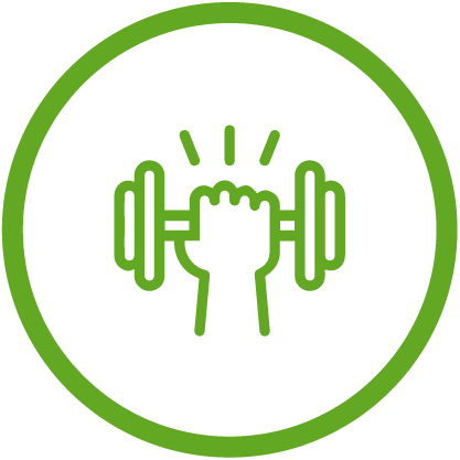 Green icon of a hand holding a dumbbell