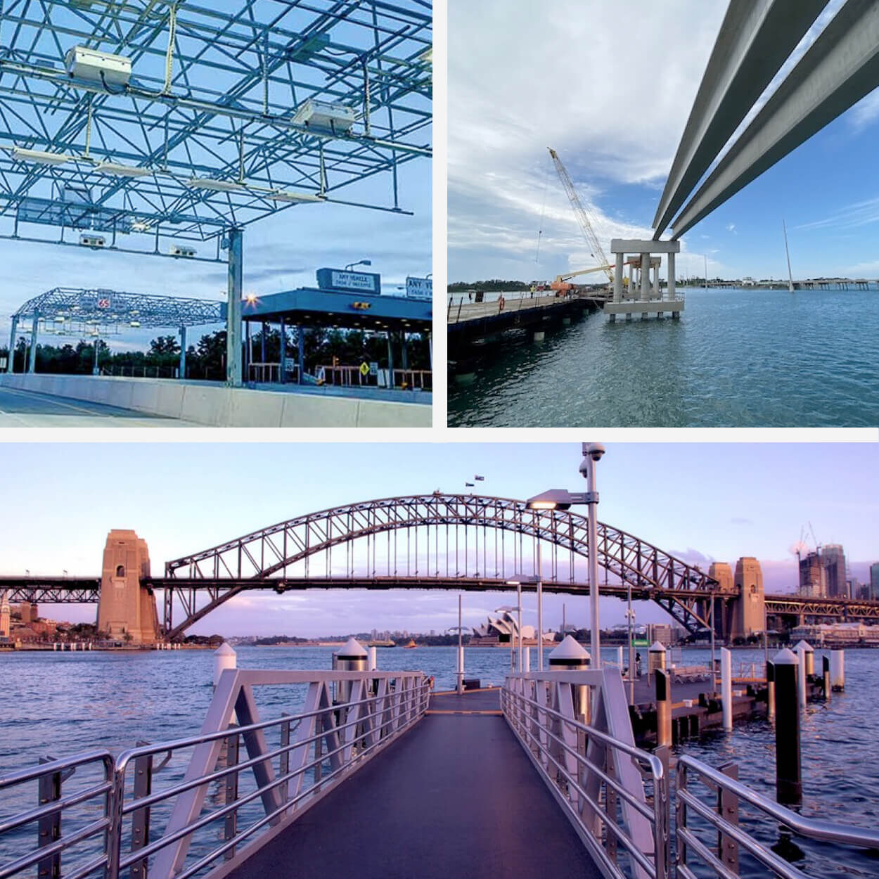 A collage of the Sydney Harbor Ferry Station, Maine Turnpike Authority Toll Plaza and a structure half-built on the water.