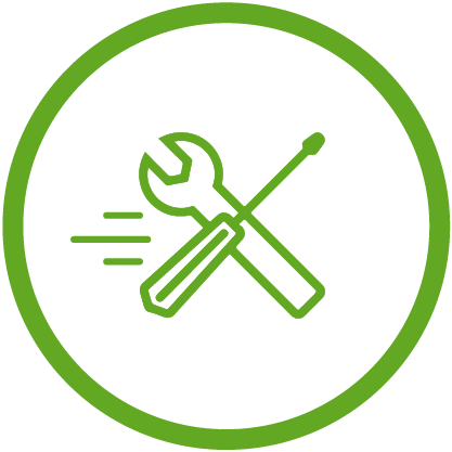 Green icon of a screwdriver and wrench intersecting