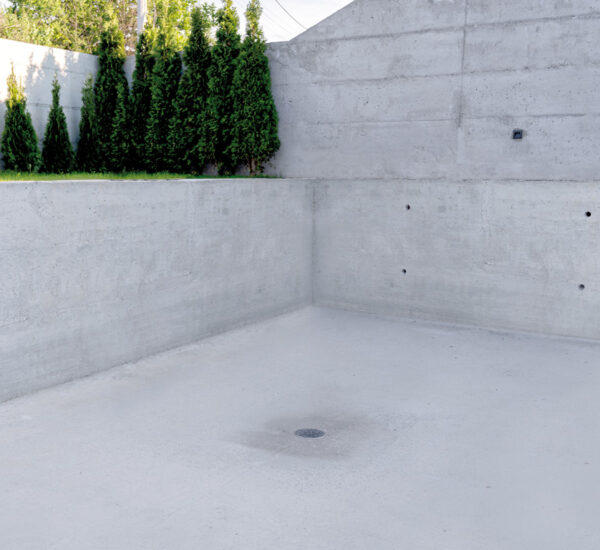 Artboard 4 An empty pool with small trees lining the outside of it.