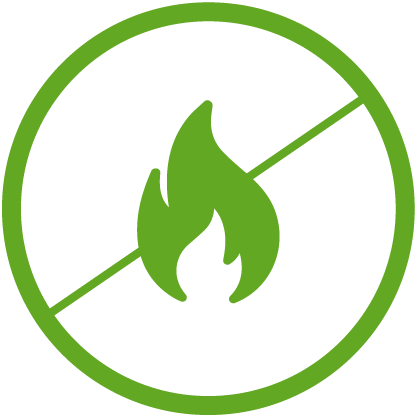 Green icon of a flame with a line going through it