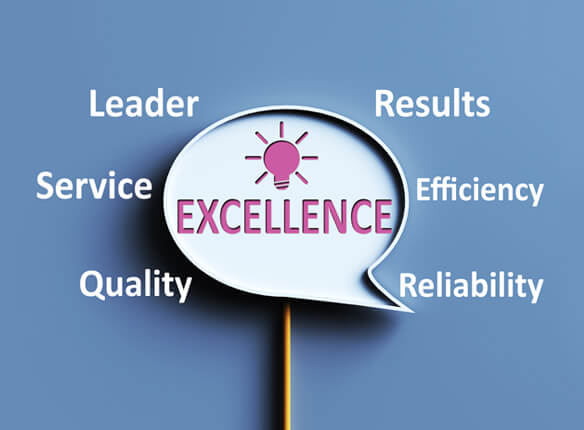 A blue graphic with the words leader, service, quality, excellence, results, efficiency and reliability