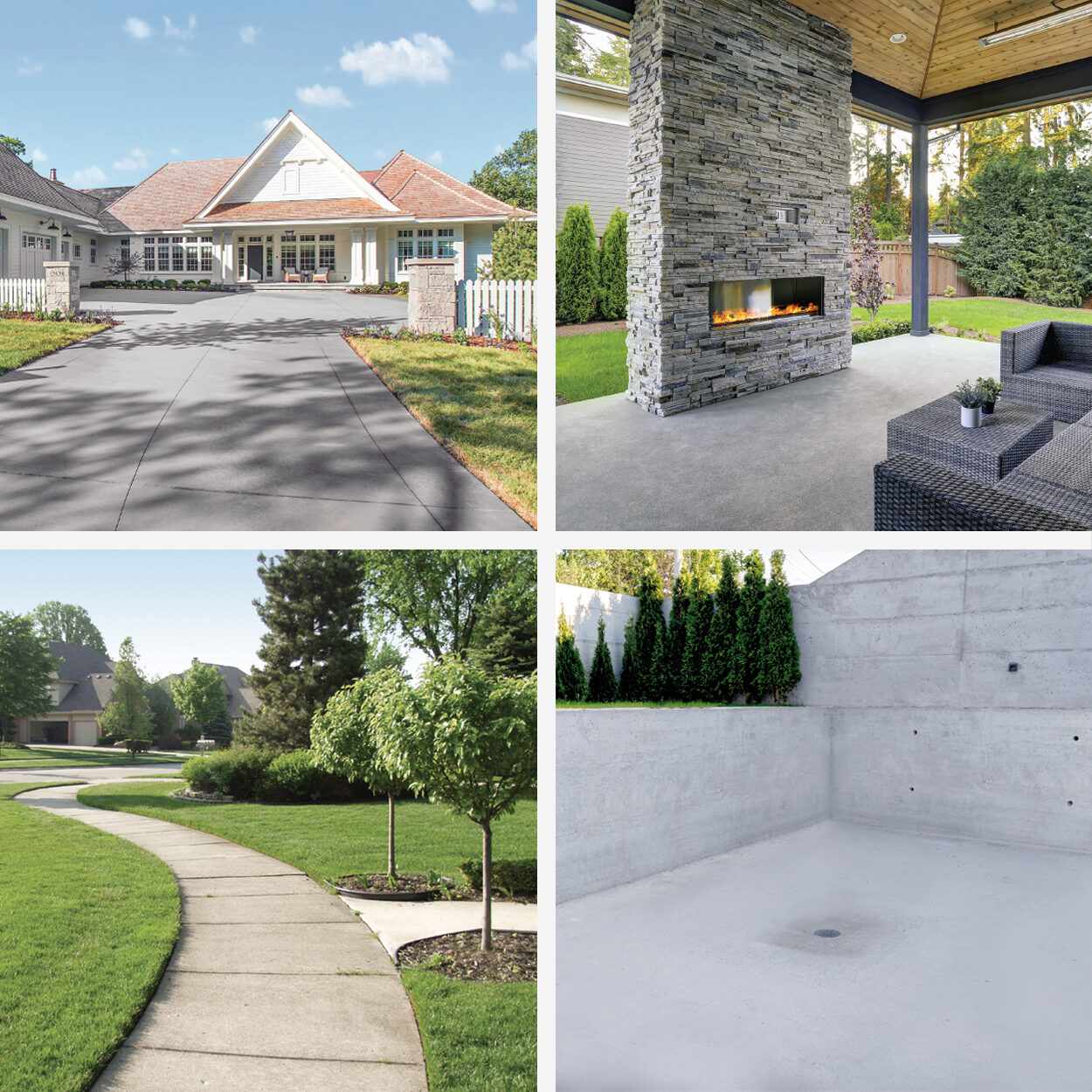 A collage of a home, back porch area, sidewalk and swimming pool.