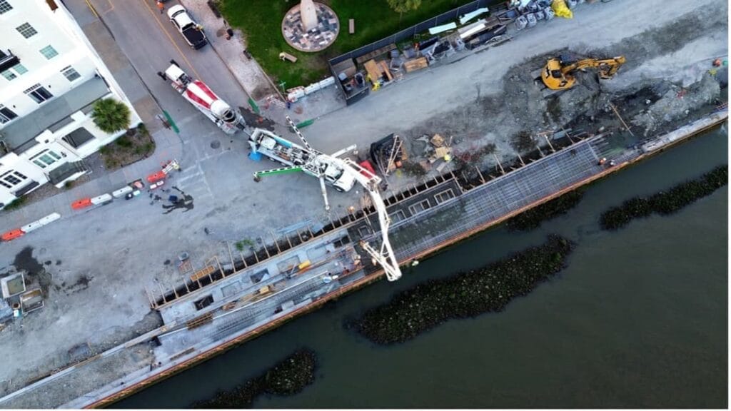 An overhead view of the Low Battery Seawall repair project in South Carolina