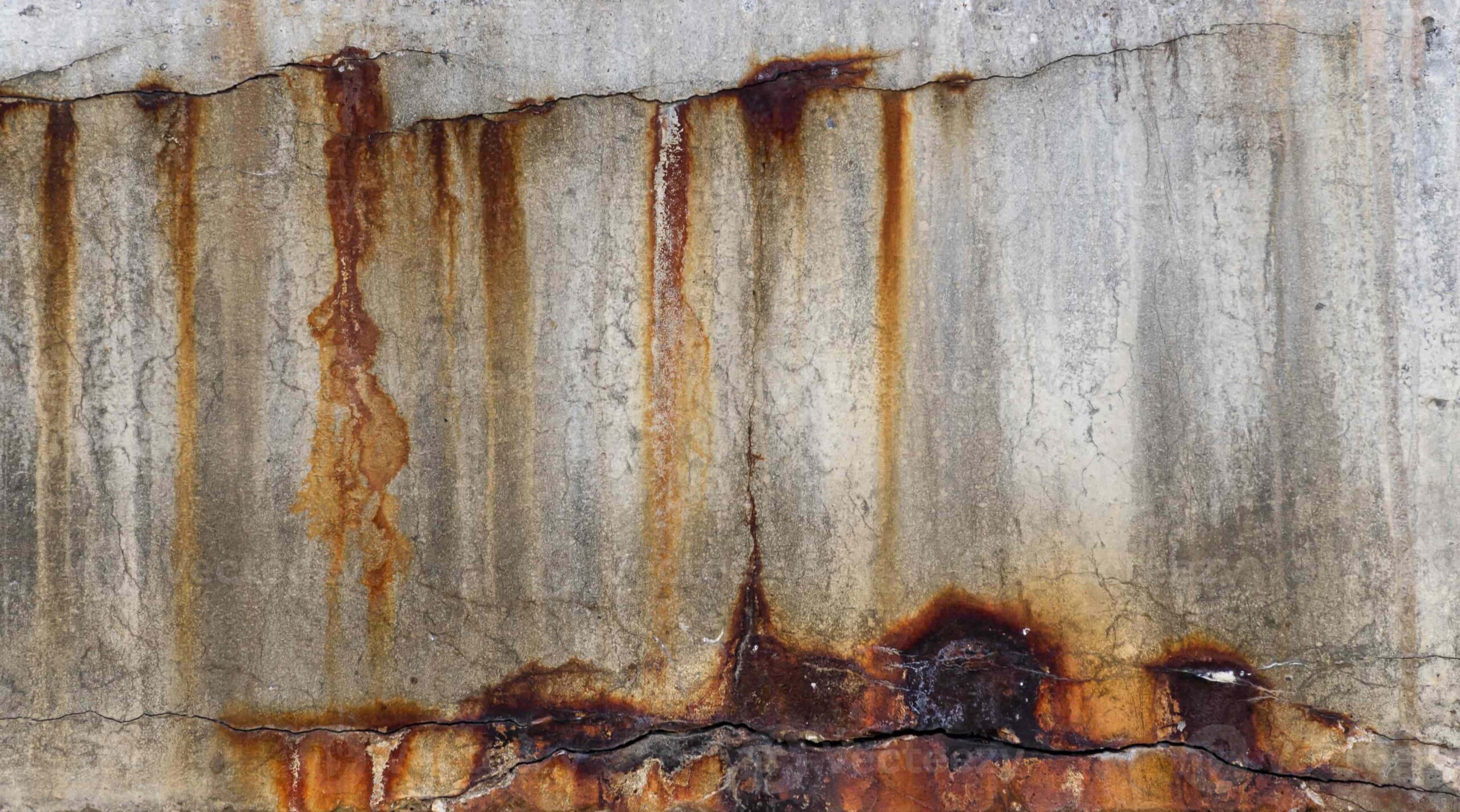 A close-up view of a corroding concrete structure