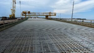 A close-up view of Mateenbar's fibreglass rebar installed on Harkers Island Bridge during construction.