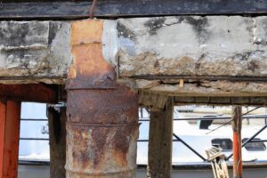 A corroding concrete structure up close