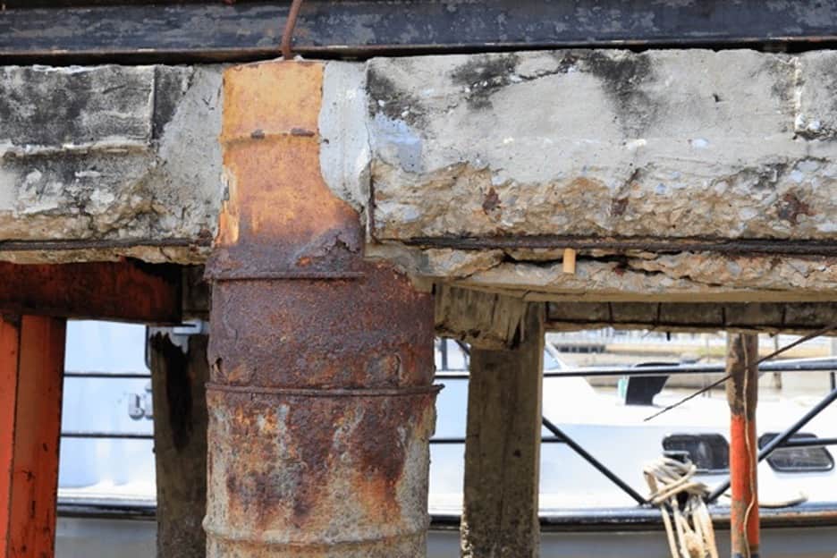 A corroding concrete structure up close