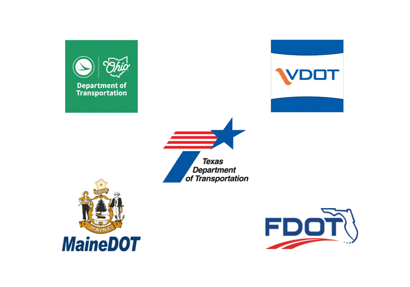 Five state DOT logos on a white background transitioning to another four logos on a white background
