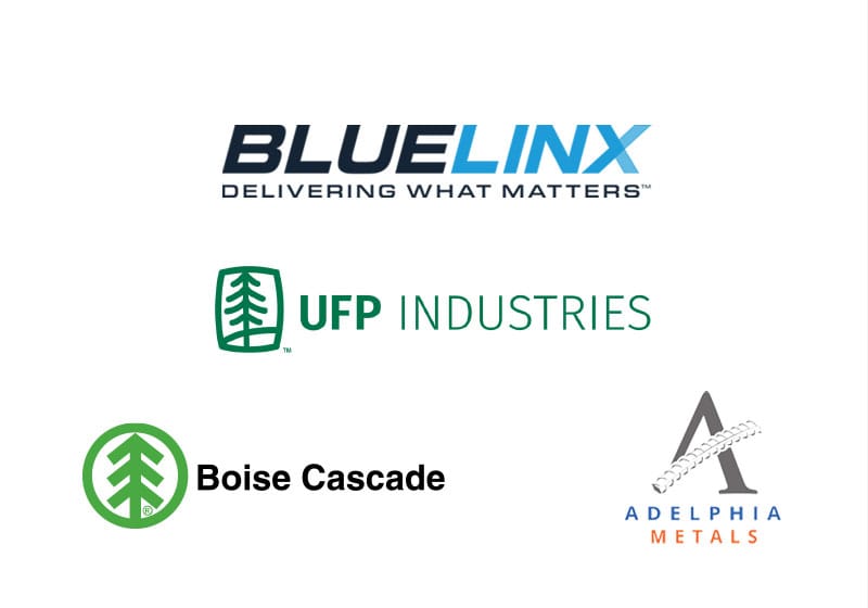 BlueLinx logo, UFP Industries, Boise Cascade and Adelphia Metals logos on a white background