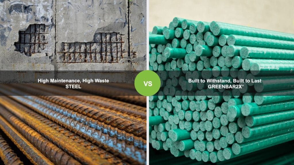 A picture of steel rebar with "High Maintenance, High Waste" STEEL vs a picture of green fiberglass rebar that says Built to Withstand, Built to Last, GREENBAR2X.