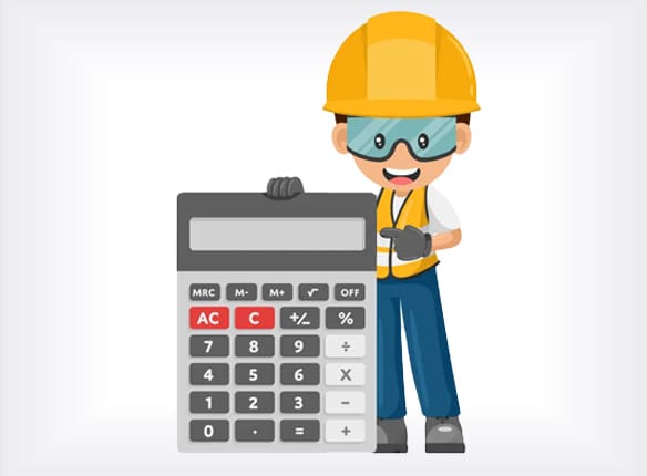 A graphic of a male construction worker holding and pointing to a large calculator