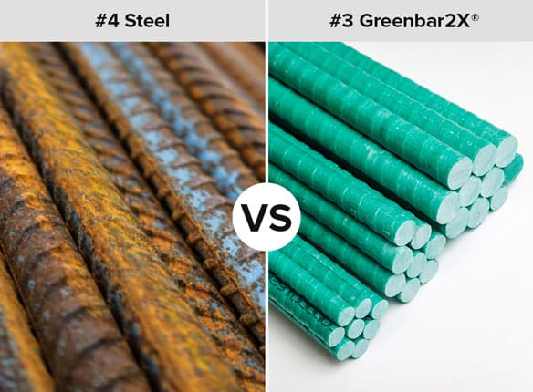 A graphic of #4 steel rebar vs. #3 Greenbar2X fiberglass rebar